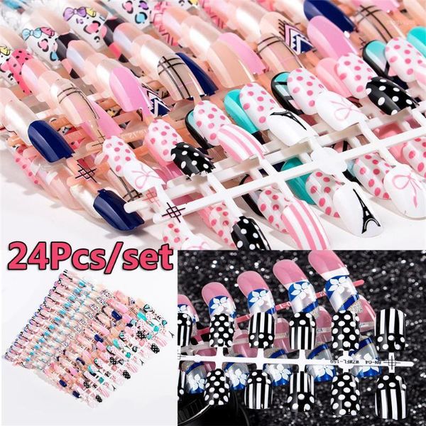 

sale 24pcs 3d design drawing false nails frech c full cover colorful short nail tips forms cute art extension1, Red;gold