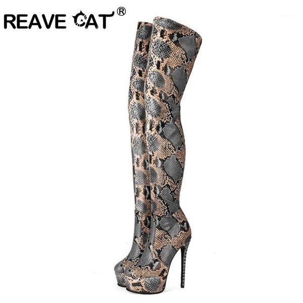 

boots reave cat snake skin thigh high boot women15.5cm stiletto heel shoes round toe party ladies platform over knee, Black