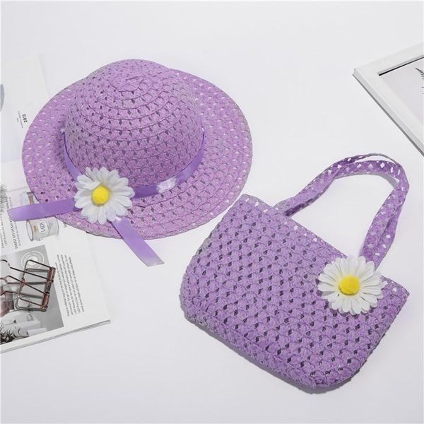 

caps & hats toddler infant baby girls straw summer children born outdoor beach sunflower woven sunhat cap bag outfits set, Yellow