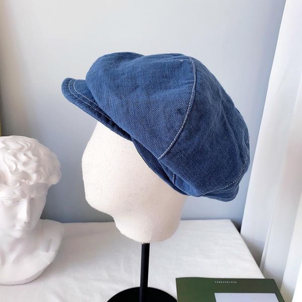 

stingy brim hats japanese cotton linen sen-line octagonal hat autumn winter for women sboy cap ladies wild casual berets, Blue;gray