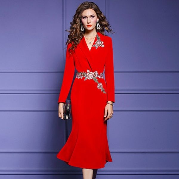 

casual dresses office lady embroidery autumn spring solid notched dress women's slim print professional long sleeve fishtail skirt qfe9, Black;gray