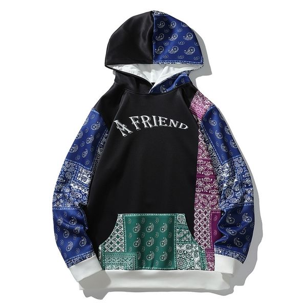 

men's street men's sweater fashion cashew flower print straight casual hip hop hoodie large, Black