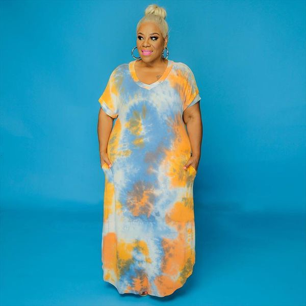 

plus size xl 5xl tie womens dress dye print v neck short sleeve slim maxi fashion streetwear long dresses vestidos, Black;gray