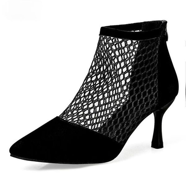 

summer women high heels fishnet ankle boots suede pointed toe cool sandals thin casual shoes, Black