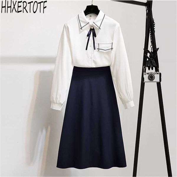 

spring fashion elegant temperament women long sleeve shirt +skirts 2 piece sets 210531, White