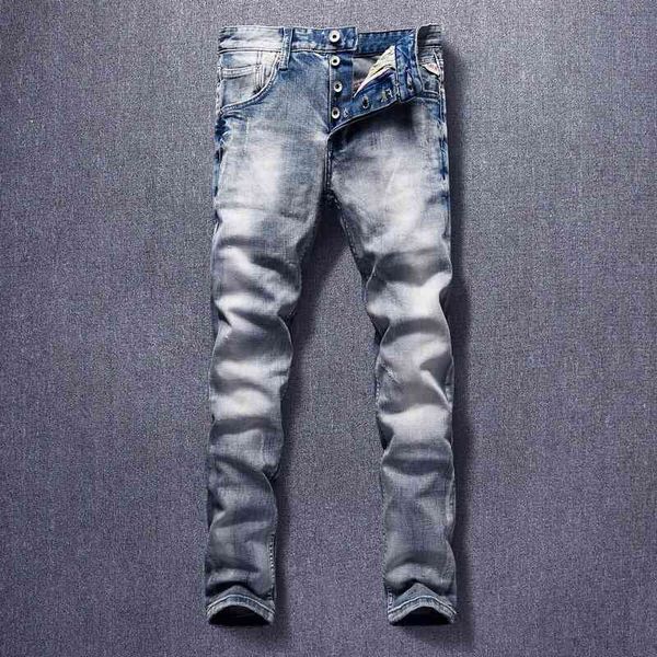 

men's jeans italian style fashion men light blue elastic slim fit casual denim buttons pants vintage designer trouser