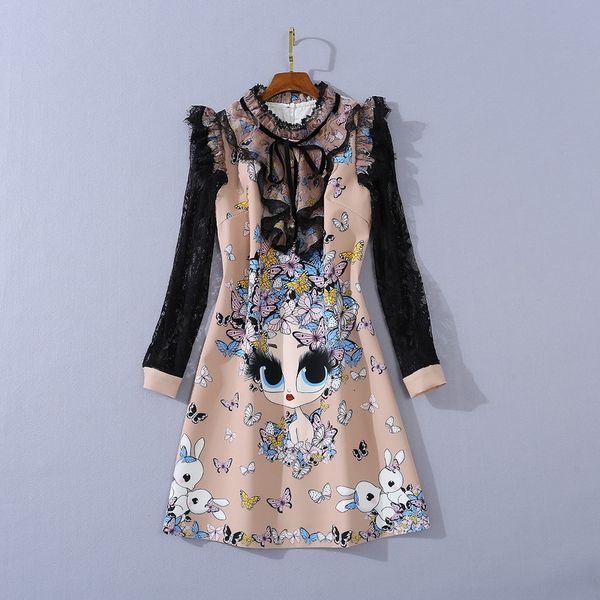 

casual dresses european and american women's wear winter style lace long - sleeved stand-up collar cartoon printing fashionable dress t, Black;gray