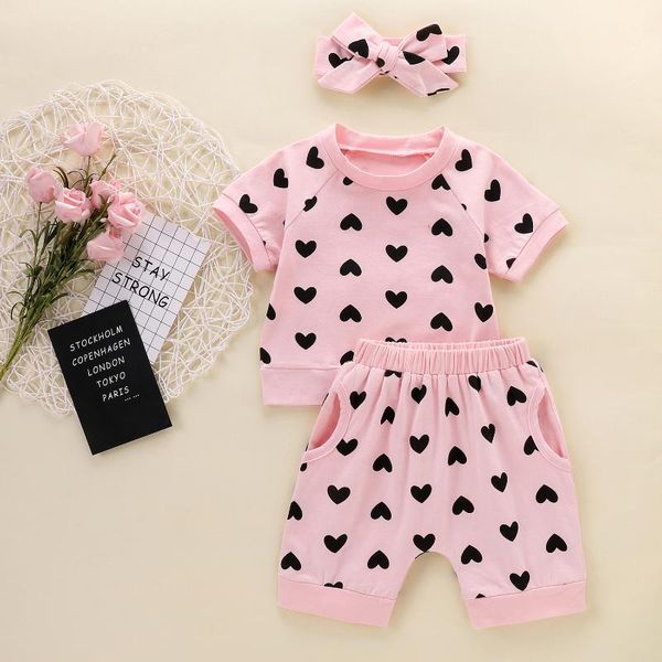 

clothing sets 3pcs toddler kids girl clothes summer pink heart print t shirt + pocket shorts outfits fashion children, White