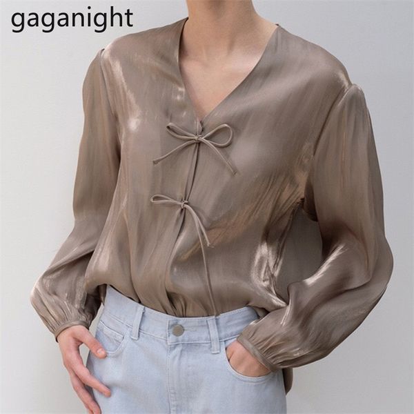 Moda de primavera Mulheres Lace Up Longa Manga Cetim Blusa Vintage Femme V Neck Street Shirts Elegante Imitação Silk 210601