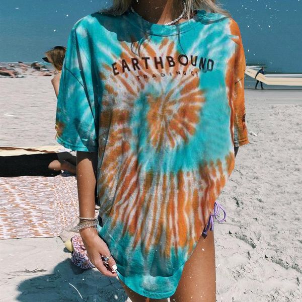 

tie dye letter printing loose woman tshirts casual street style summer short sleeve fashion t shirt clothes women plus size women's t-s, White