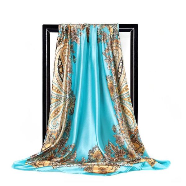 

scarves silk for women fashion floral print square foulard female 90cm bandana head ladies shawls large hijab satin scarfs, Blue;gray