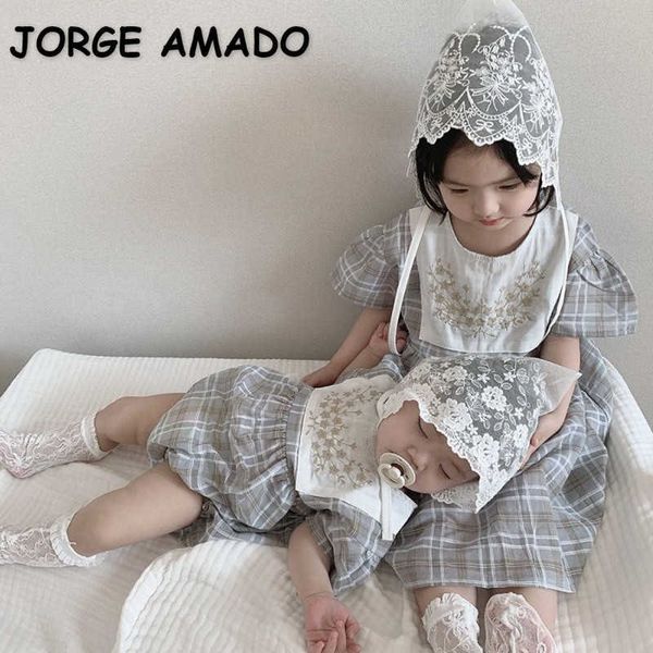 Estilo coreano Verão Bebé Bodysuit 3-PCS Conjuntos Macacão xadrez + Cap Socks Born Bone Kids Roupas E7586 210610