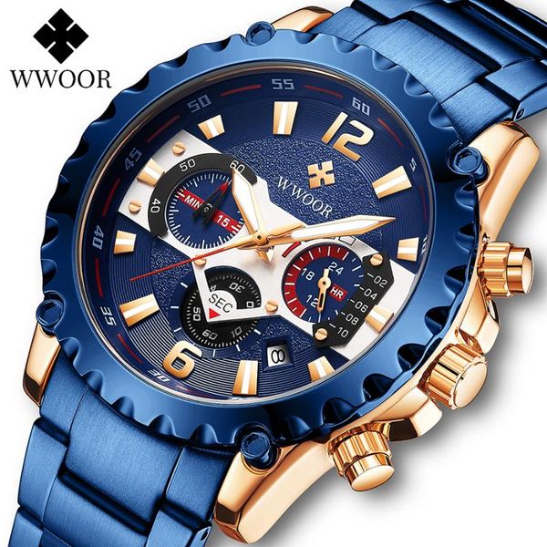

Wristwatches WWOOR Blue Watches Mens Top Brand Men Sport Chronograph Watch Military Waterproof Quartz Wrist Man Clock Reloj Hombre 2021