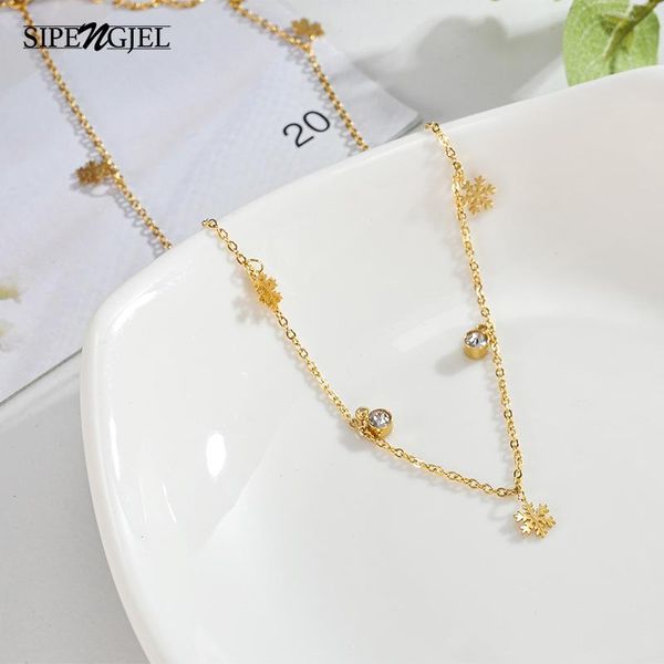 

chains sipengjel fashion stainless steel simple french personality necklace snowflake crystal choker pendant for women jewelry, Silver