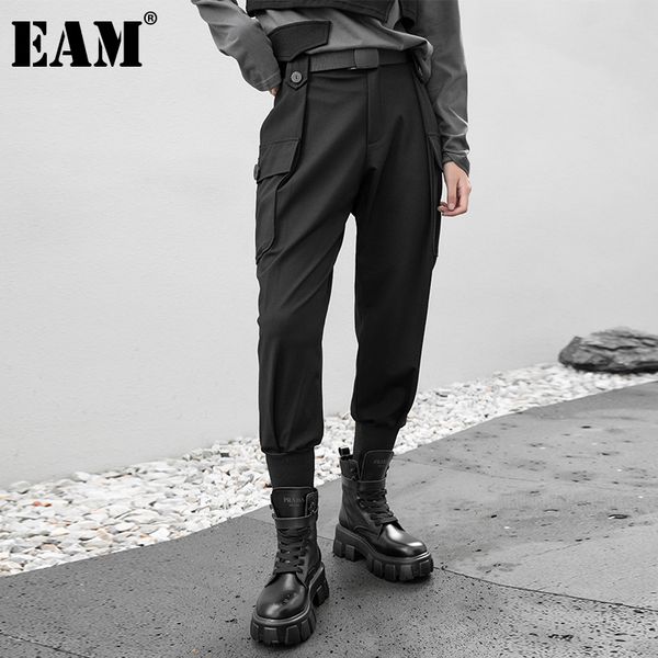 

[eam] high waist black long big pocket stitch harem trousers new loose fit pants women fashion tide spring autumn 1db352 210319, Black;white