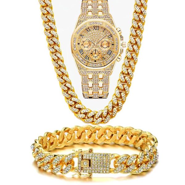 

wristwatches luxury iced out watch for men women hip hop miami bling cz cuban chain big gold necklace paved rhinestones jewelry set, Slivery;brown