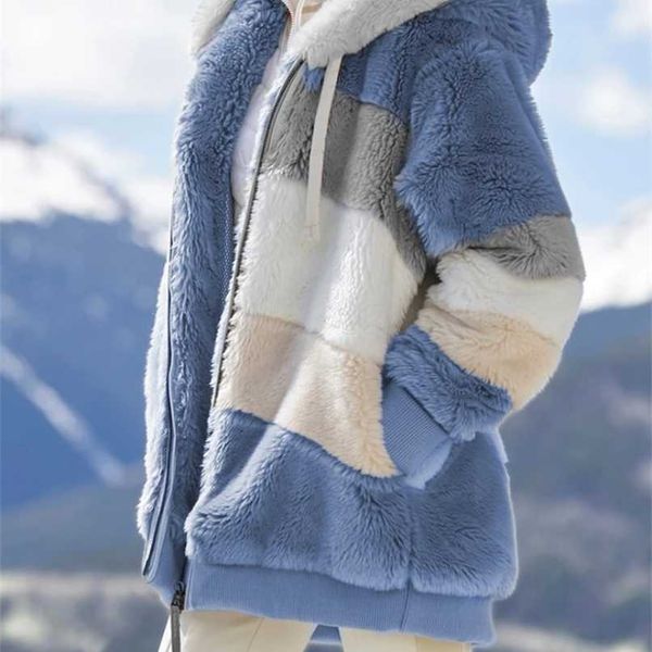 Cappotto di orsacchiotto caldo e spesso invernale Donna con risvolto a maniche lunghe Soffice peloso Giacche di pelliccia finta Tasche con bottoni femminili Taglie forti Soprabito 211019