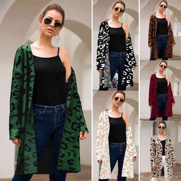 

women's sweaters leopard print long cardigans winter clothes women open stitch autumn pockets slim casual knitted sweater coats, White;black