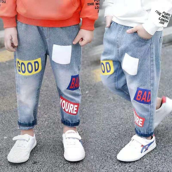 

jeans 2021 children's pants boys autumn letter printed wear 2-9 yrs and girls clothes, Blue