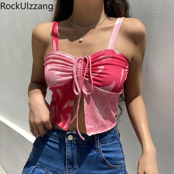 

women's tanks & camis front drawstring adjust ruched strap tie dye split pink fashion crop bralette summer tee streetwear cropped c, White