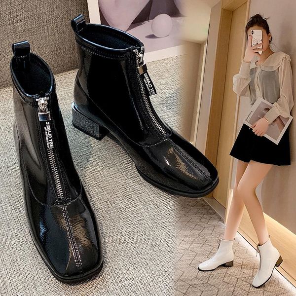 

boots 2021 winter women ankle round toe fashion short zipper square heel comfortable lady shoes, Black