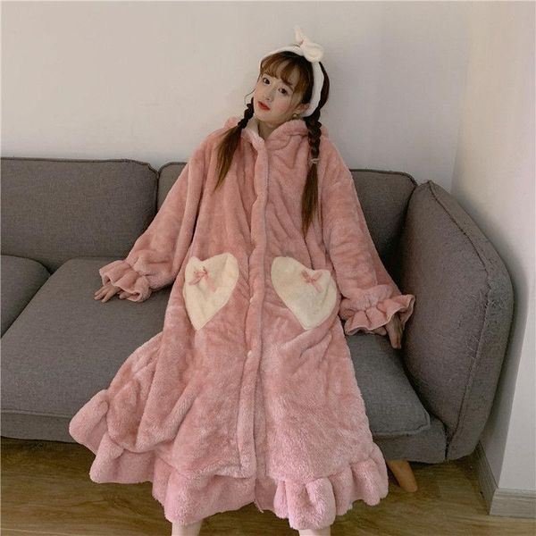 

sougen women's home wear flannel pajamas ears hooded casual ruffle female sleepwear pink clothes winter thick, Black;red