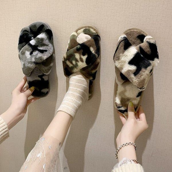 

autumn winter camouflage warm shoes woman slippers faux fur women slip on female slides plus size, Black