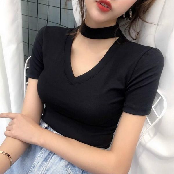

women's t-shirt hanging neck hollow v-neck solid color short-sleeved female summer fashion personality wild slim cotton, White