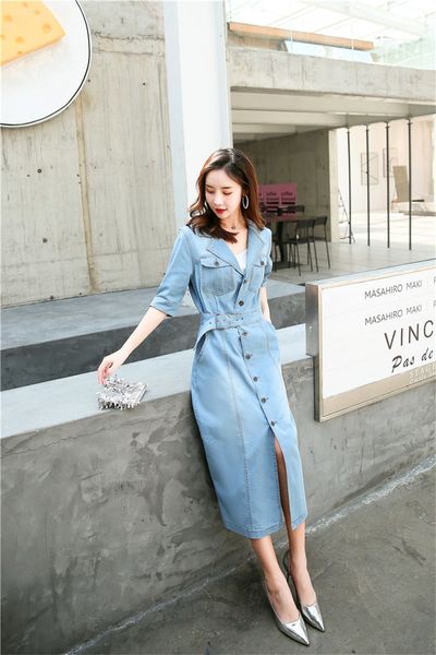 

goddess temperature long female spring and summer long/half thin lapel denim elegant dress k820 poug, Black;gray
