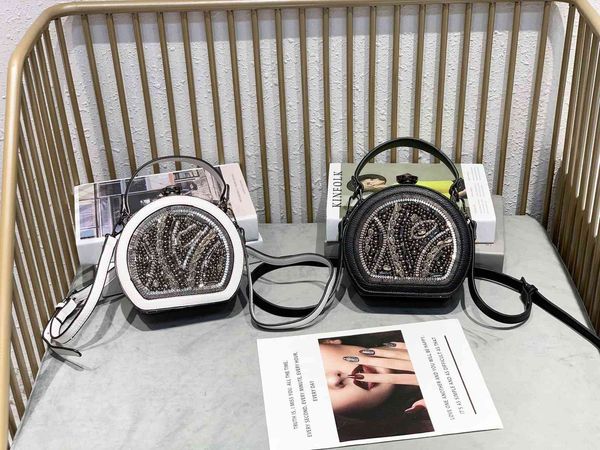 

handbag 2021 personalized fashion pearl belt drill casual versatile one shoulder slant across small round hand bag female, Black;red