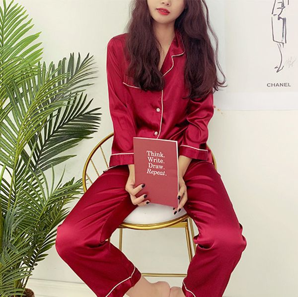 

silk pajamas pyjama femme women pijama night suit large sizes -xxl 2021 spring new pink silk sleepwear setby air, Black;red