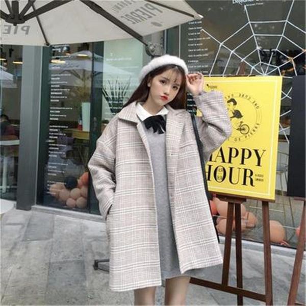

women's wool & blends houndstooth women'swoolen coats 2021 autumn female long fashion loose women woolen clothing plaid ladies jac, Black