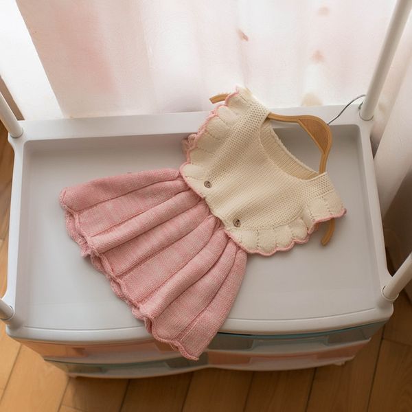 

2021 new autumn baby girls knitted dress patchwork pleated toddlers kids sweaters korean style children princess dresses, Red;yellow