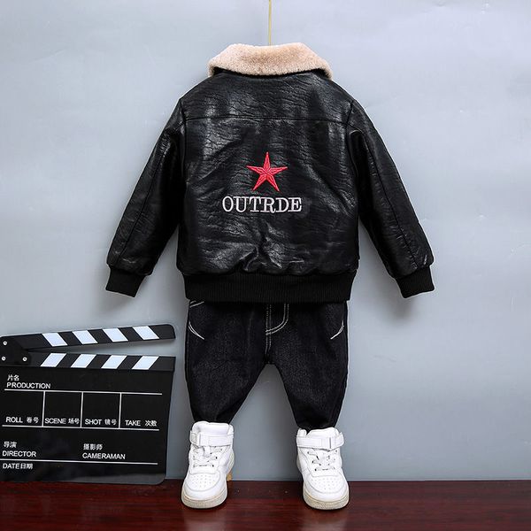 

HOT Baby boys pu jacket winter coat 1-9 years childrens thick Plush kids winter jacket Embroidered letters five-pointed star, Black-star