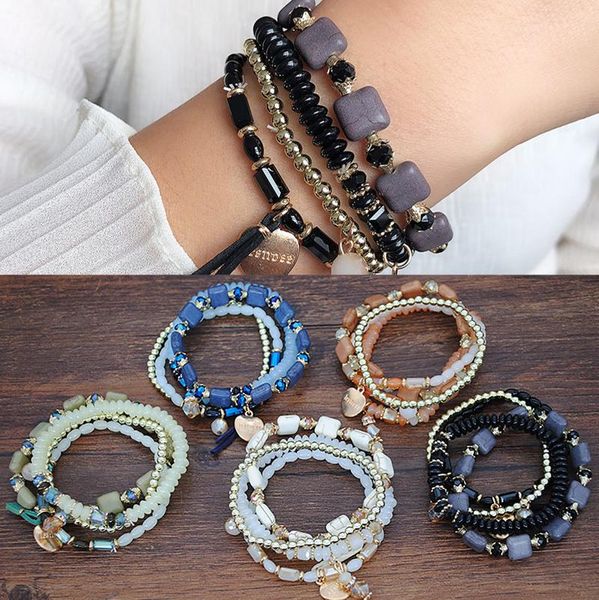 

beaded, strands vintage turquoises women 's bracelet braided handmadeturquoise beaded crystal multilayer elastic bracelets for jewelry, Black