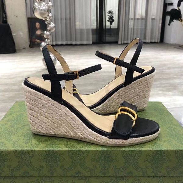 

2021 women designer sandals wedge platform high heels thick bottom light twine braided high-heeled sandal all-match stylist shoes, Black