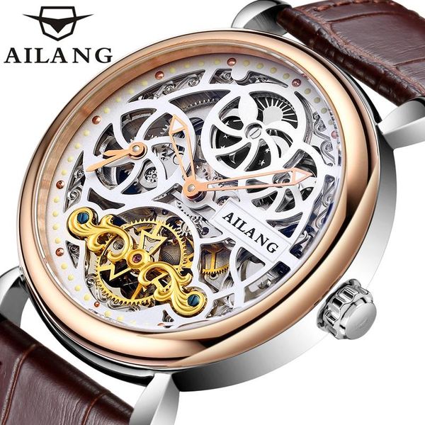 

wristwatches ailang fashion automatic hollow men's tourbillon mechanical movement watch business luminous waterproof skeleton men 6815a, Slivery;brown