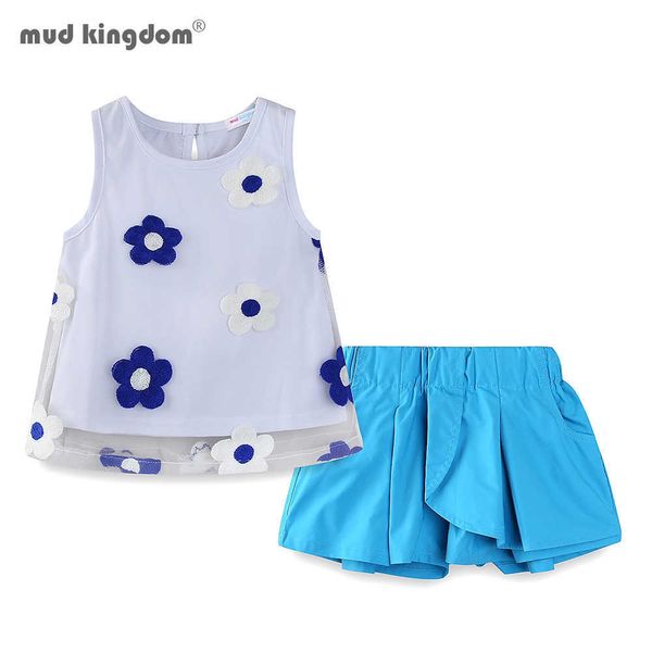 Mudkingdom Boutique meninas de roupa conjunto bordado flor tule cobertura tops e curto roupa para menina terno de verão floral 210615