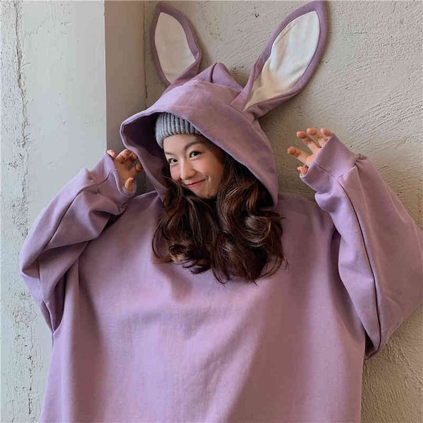 

women's hoodies & sweatshirts female autumn sweatpants front pocket rabbit long sleeve with hood ulzzang oversize casual female kawaii, Black