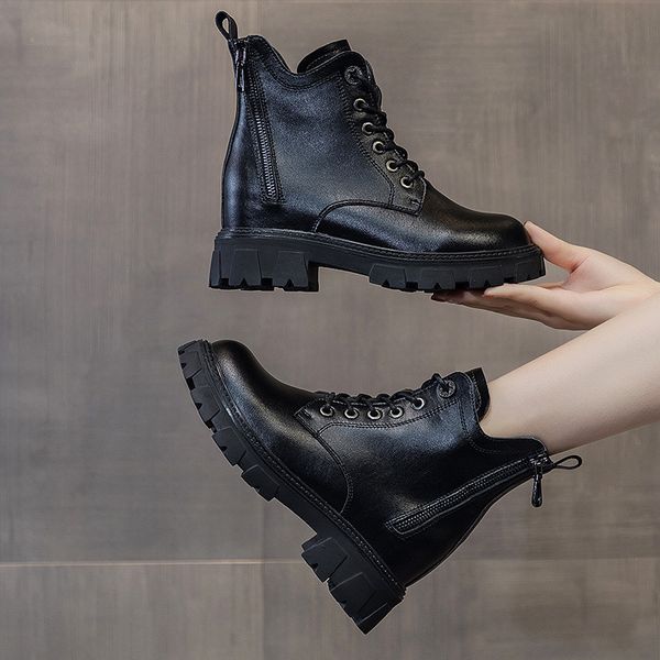 

2021 autumn leather martin boots women's thick sole with double zipper leisure women's korean student sho, Black