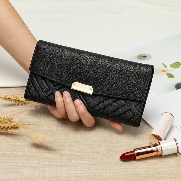 

wallet korean multifunctional medium and long women's 2021 leather handbag layer cowhide 008, Red;black