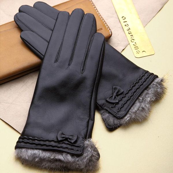 

five fingers gloves leather goatskin women' thick warm touch screen bowknot design 100% sheepskin outdoor driving, Blue;gray