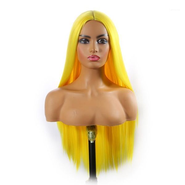 

yellow color synthetic hair wigs long straight middle part halloween cosplay daily heat resistant fiber wig for black women1