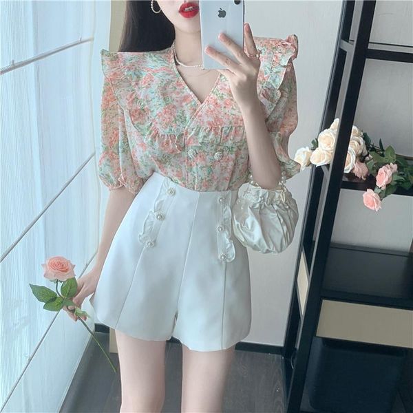 

women's tracksuits summer women temperament 2 pieces sets elegant flowers big lapel puff sleeve chiffon shirt + high waist shorts suit, Gray