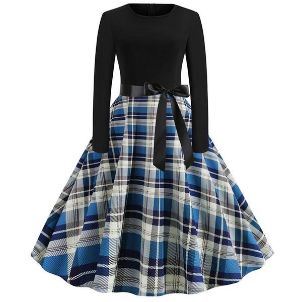 

casual dresses women long sleeve plaid print winter dress black patchwork vintage rockabilly robe slim elegant party vestidos, Black;gray