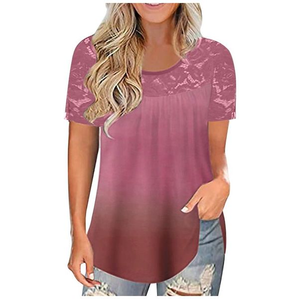 

women's blouses & shirts plus size womens and women fashion lace gradient color o-neck short sleeve blouse blusas mujer de moda 2021, White