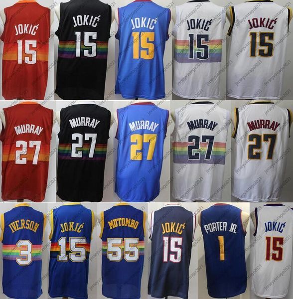 

men nikola jokics 15 jamal murray jersey 27 1 michael porter jr. allen iverson 3 dikembe mutombo 55 basketball earned edition city navy red, Black;red