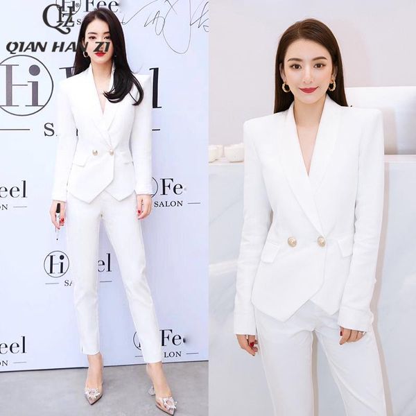 

women's two piece pants qian han zi autumn designer office elegant blazer winter long sleeve slim button jacket ankle-length 2-piece se, White