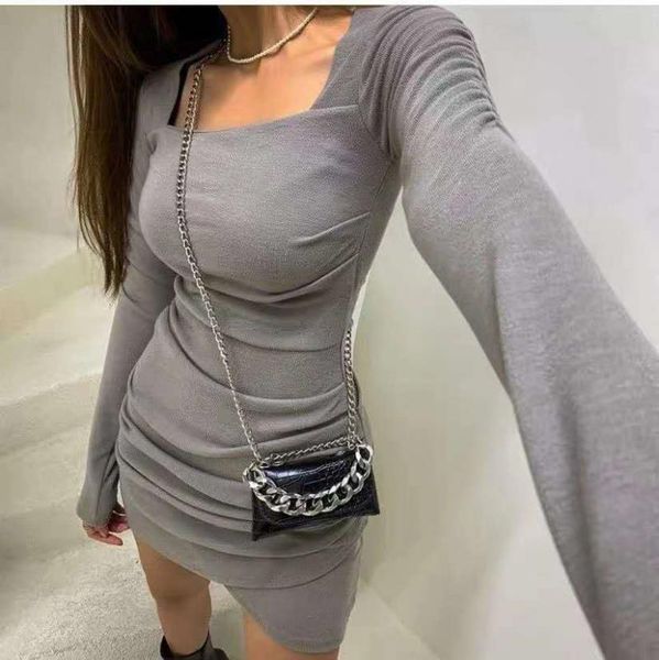 

casual dresses 2021 autumn slimming women dress long sleeve u-neck party pleated stretch short club bodycon hip-tight, Black;gray