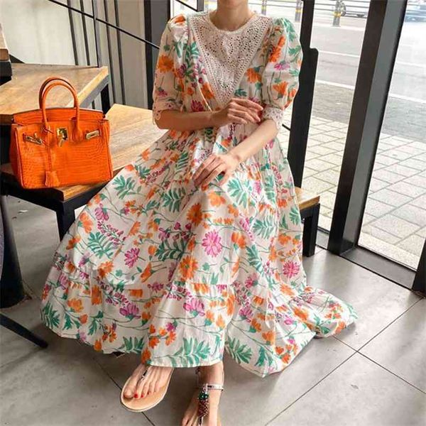 

korea style o-neck lace hollow stitching loose puff sleeve dress for women floral print sweet pleated hem oversize beach 210602, White